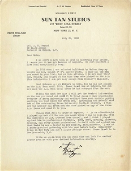 1953 Fritz Pollard Signed "Fritz" Letter On Sun Tan Studios Letterhead